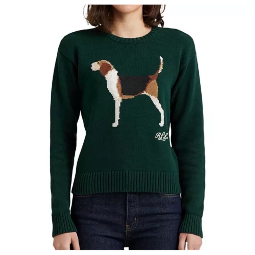 Lauren Ralph Lauren Intarsia-knit Dog Embroidered Sweater Beagle Green XL EUC